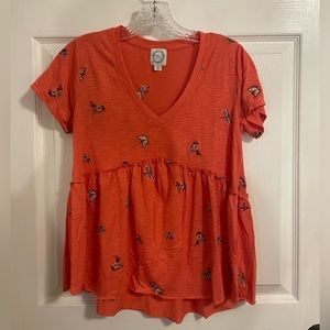 blue rain Orange Top, Floral and Butterflies, Size XS